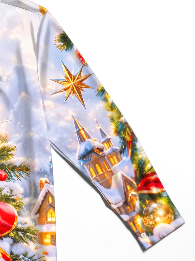 Adaychic Men's Printed Christmas Lantern Print Long Sleeve Shirt with Chest Pocket