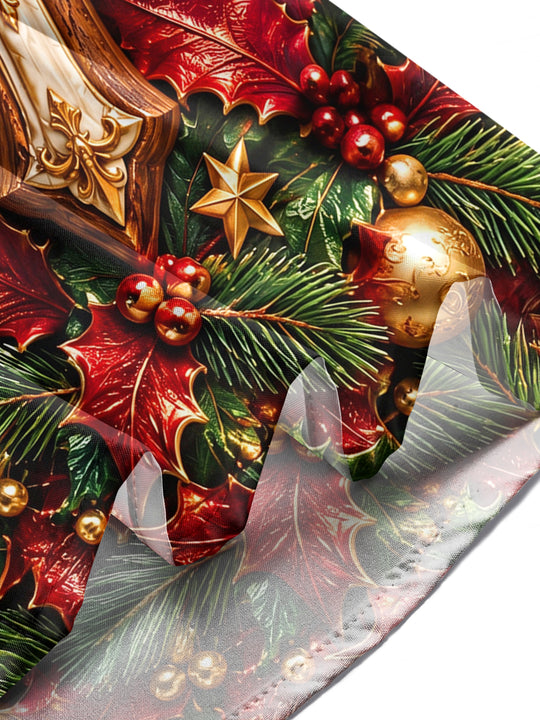 Adaychic Men's Long Sleeve Shirt - Christmas 3D Cross With Holly Leaves And Berries Print with Chest Pocket