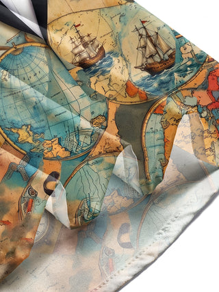 Adaychic Men's Vintage Map And Compass Print Long Sleeve Shirt with Chest Pocket