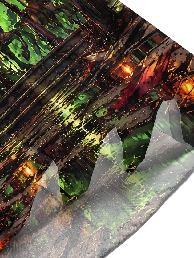 Adaychic Men's Short Sleeve Shirt - Dark Carousel Horses And Glowing Lanterns Print with Chest Pocket