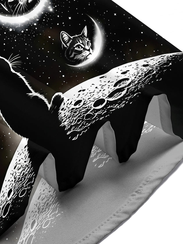 Adaychic Men's Graphic Black Cat Space Print Short Sleeve Shirt with Chest Pocket