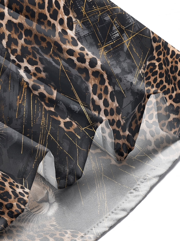 Adaychic Men's Printed Leopard Animal Print With Gold Accents Long Sleeve Shirt with Chest Pocket