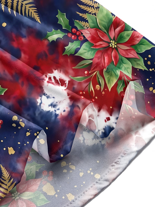 Adaychic Men's Long Sleeve Shirt - Christmas Poinsettia And Holly With Gold Ferns Print with Chest Pocket