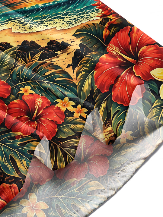 Adaychic Men's Long Sleeve Shirt - Hawaiian Sunset Beach Scene With Palm Trees And Hibiscus Print with Chest Pocket