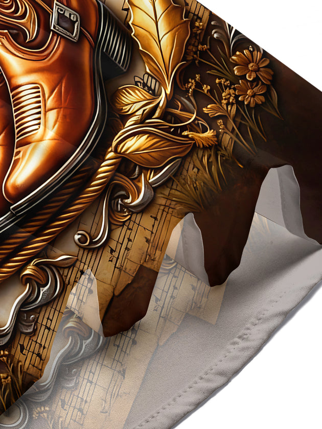 Adaychic Men's Vintage Style Western Guitar Print Short Sleeve Shirt with Chest Pocket