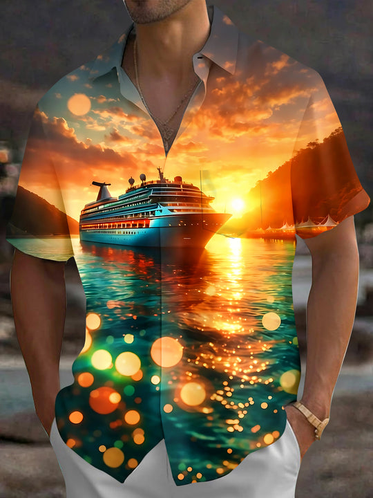 Hawaiian Cruise Ship Sunset Men's Pocket Short Sleeve Shirts
