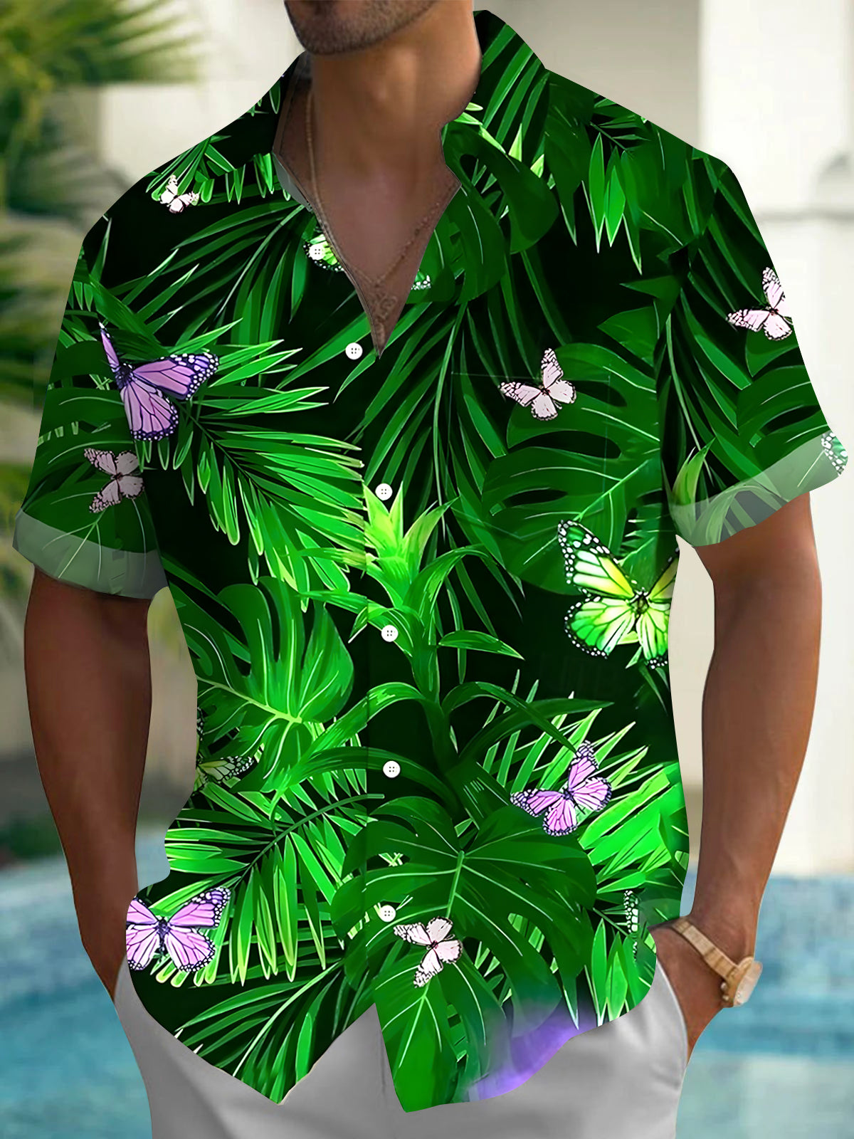 Hawaiian Leaf Butterfly Men's Pocket Short Sleeve Shirts