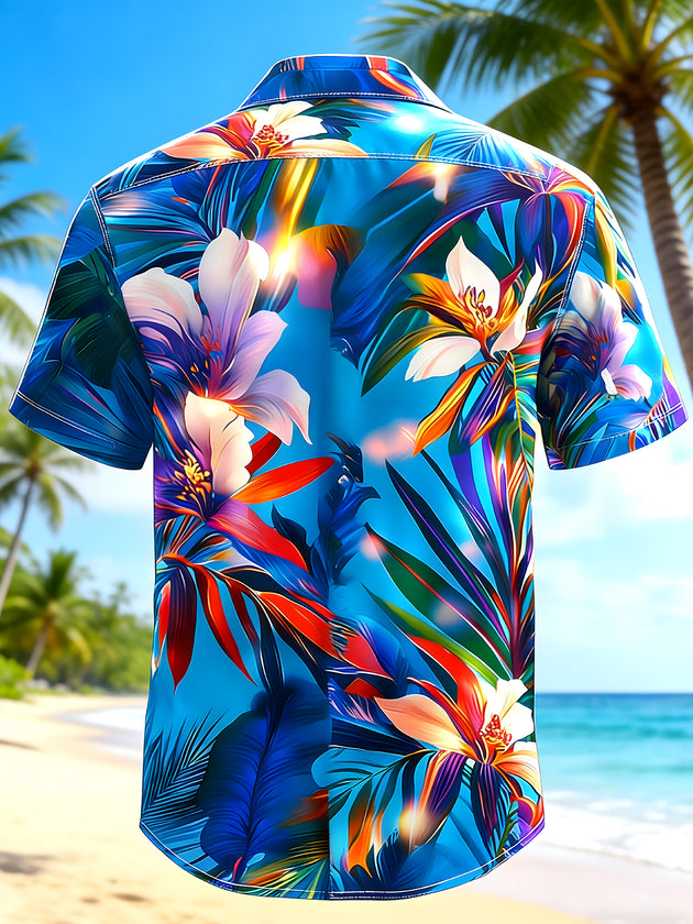 Men's Hawaiian floral short sleeve pocket shirt back view