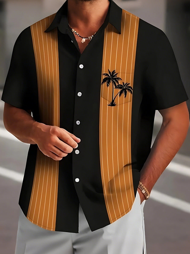 Coconut Tree Stripes Print Men's Pocket Short Sleeve Shirts