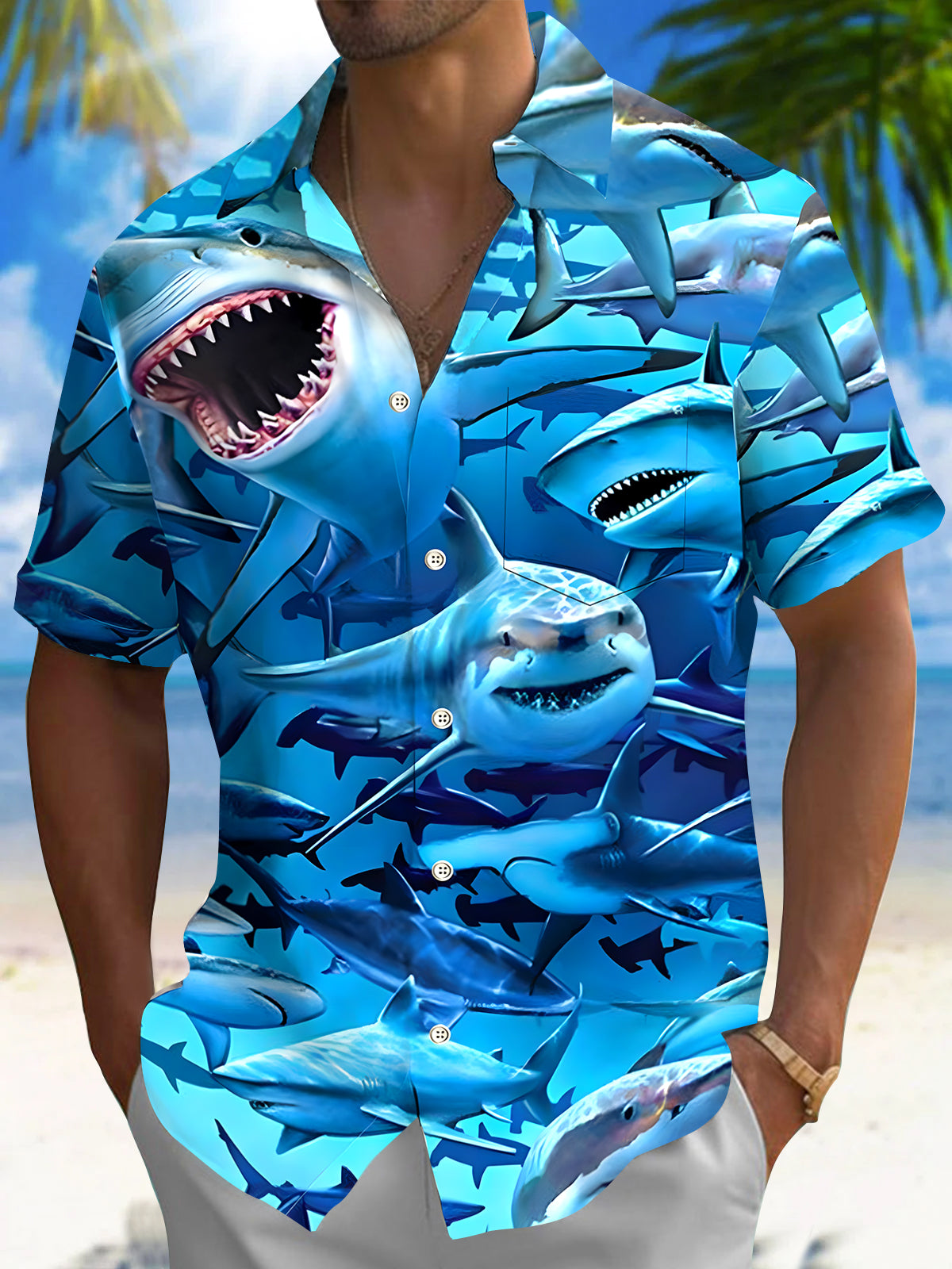 Hawaiian Shark Men's Pocket Short Sleeve Shirts