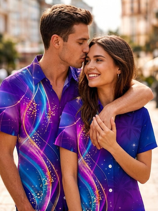Couple matching galaxy purple abstract print Hawaiian short sleeve shirt front view tropical beach vacation