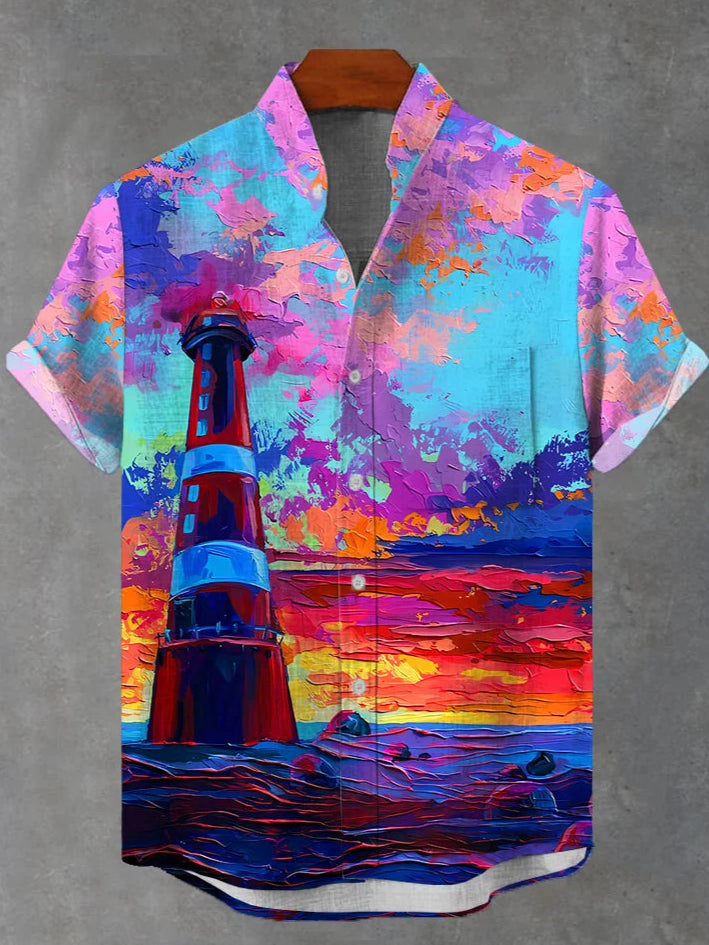 Sunset And Lighthouse Pocket Stand Collar Short Sleeve Shirts