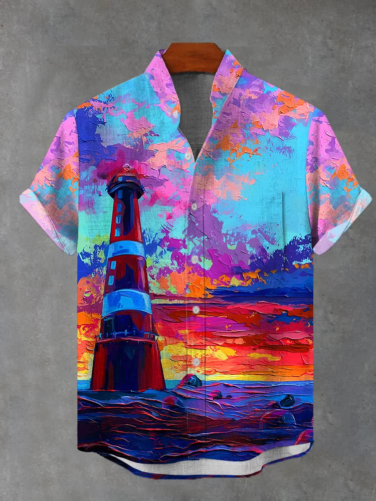 Sunset And Lighthouse Pocket Stand Collar Short Sleeve Shirts