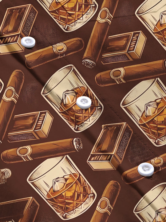 Adaychic Men's Hawaiian Whiskey Glasses With Ice Cubes Print Long Sleeve Shirt with Chest Pocket