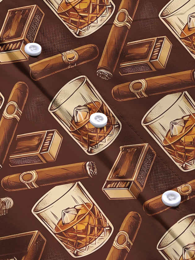 Adaychic Men's Hawaiian Whiskey Glasses With Ice Cubes Print Long Sleeve Shirt with Chest Pocket