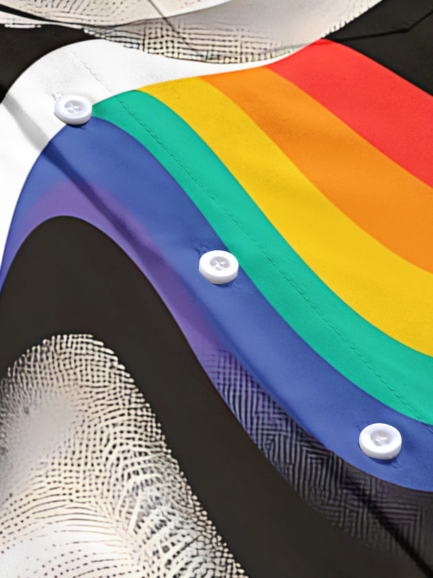 Adaychic Men's Printed Rainbow Wave Lines Print Short Sleeve Shirt with Chest Pocket