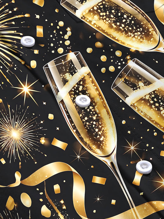 Adaychic Men's New Year Champagne Glasses And Fireworks Print Long Sleeve Shirt with Chest Pocket