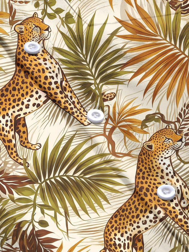 Adaychic Men's Hawaiian Leopard And Palm Leaves Print Long Sleeve Shirt with Chest Pocket