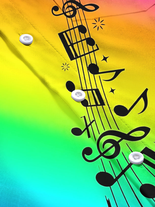 Adaychic Men's Long Sleeve Shirt - Rainbow Gradient With Musical Notes And Staff Print with Chest Pocket