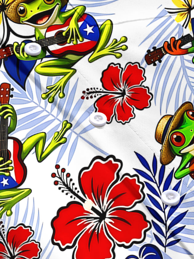 Independence Frog Guitar Floral Men's Pocket Short Sleeve Shirts