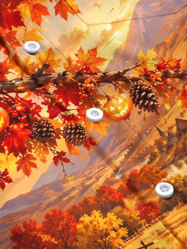 Adaychic Men's Long Sleeve Shirt - Halloween Autumn Landscape With Jack-o-lanterns And Pinecones Print with Chest Pocket