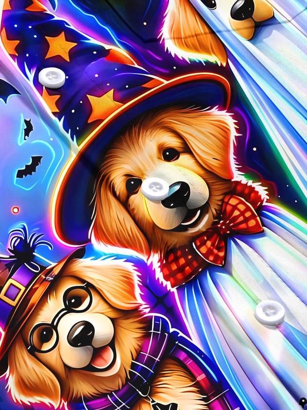 Adaychic Men's Graphic Halloween Dogs In Costumes Print Short Sleeve Shirt with Chest Pocket