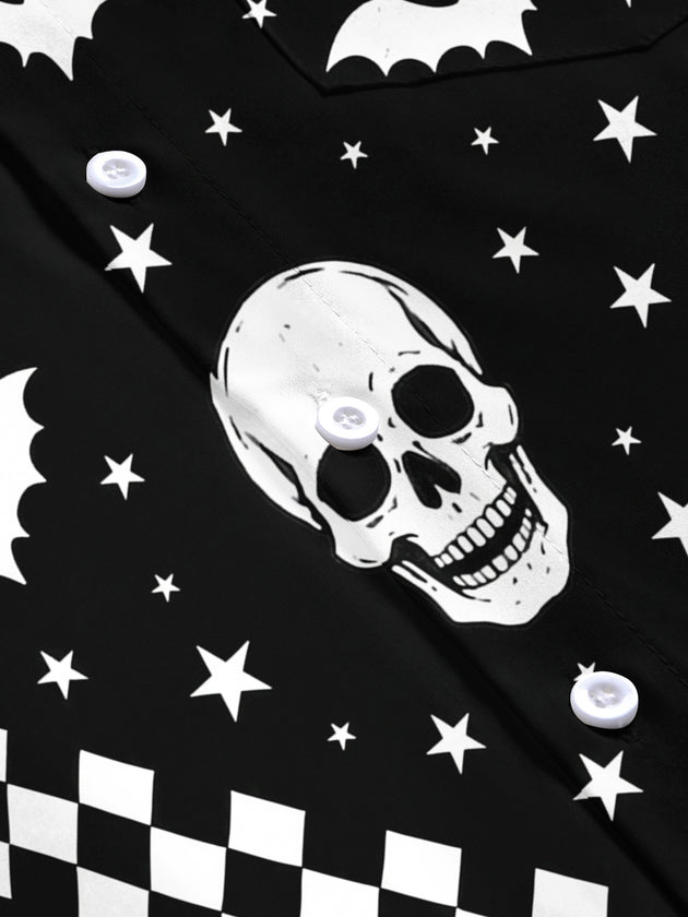Adaychic Men's Graphic Halloween Skulls Print Short Sleeve Shirt with Chest Pocket