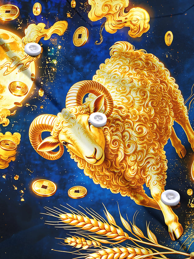 Adaychic Men's Printed Golden Sheep Print Full Moon Print Long Sleeve Shirt with Chest Pocket