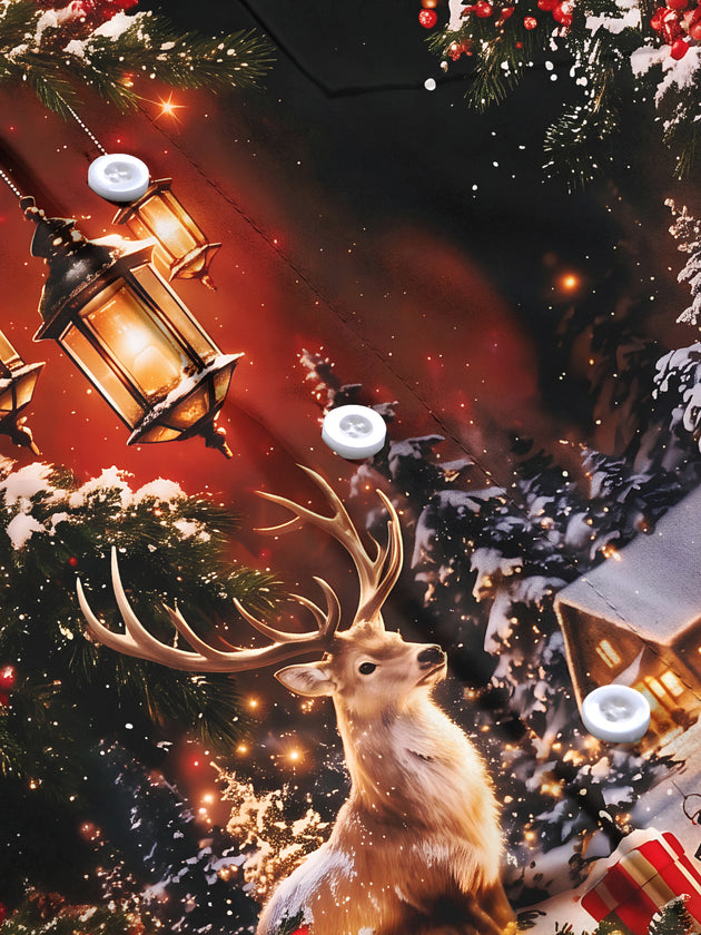 Adaychic Men's Long Sleeve Shirt - Christmas Winter Reindeer And Snowy Cabin Scene Print with Chest Pocket