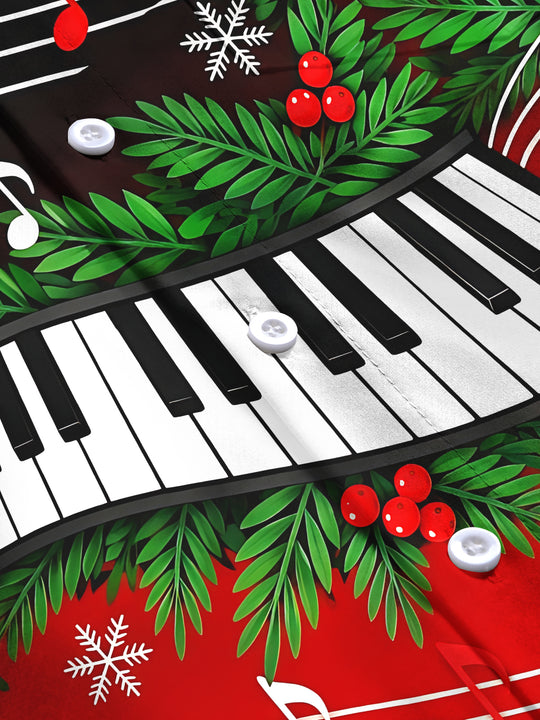Adaychic Men's Long Sleeve Shirt - Christmas Piano Keyboard And Musical Notes Print with Chest Pocket