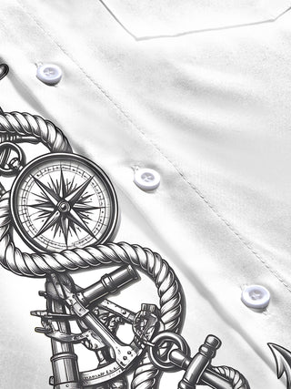 Adaychic Men's Nautical Rope And Compass With Anchor Print Long Sleeve Shirt with Chest Pocket