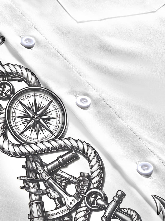 Adaychic Men's Nautical Rope And Compass With Anchor Print Long Sleeve Shirt with Chest Pocket