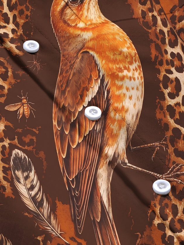 Adaychic Men's Printed Bird And Leopard Print Long Sleeve Shirt with Chest Pocket