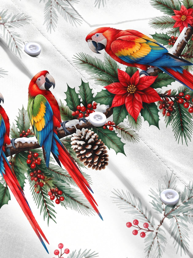 Adaychic Men's Christmas Parrots And Pine Cones Print Long Sleeve Shirt with Chest Pocket