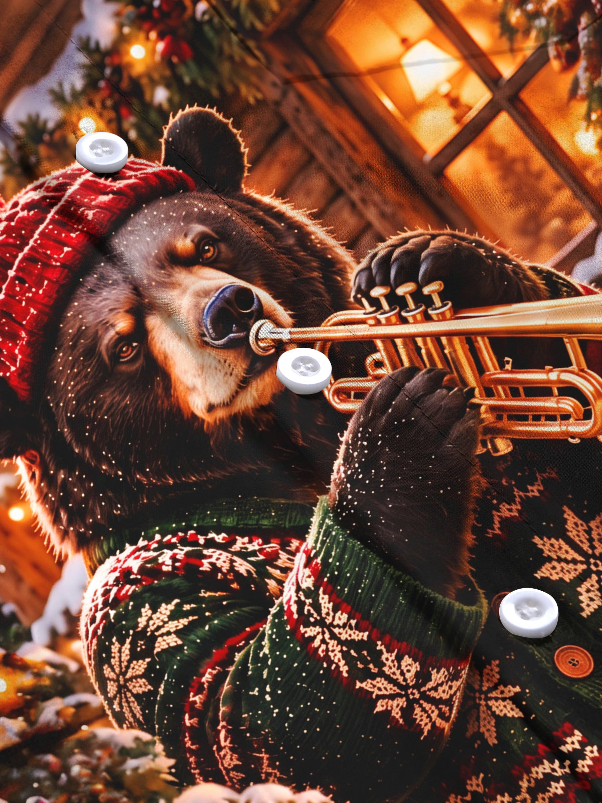 Adaychic Men's Long Sleeve Shirt - Christmas Brown Bear Playing Trumpet In Winter Scene Print with Chest Pocket