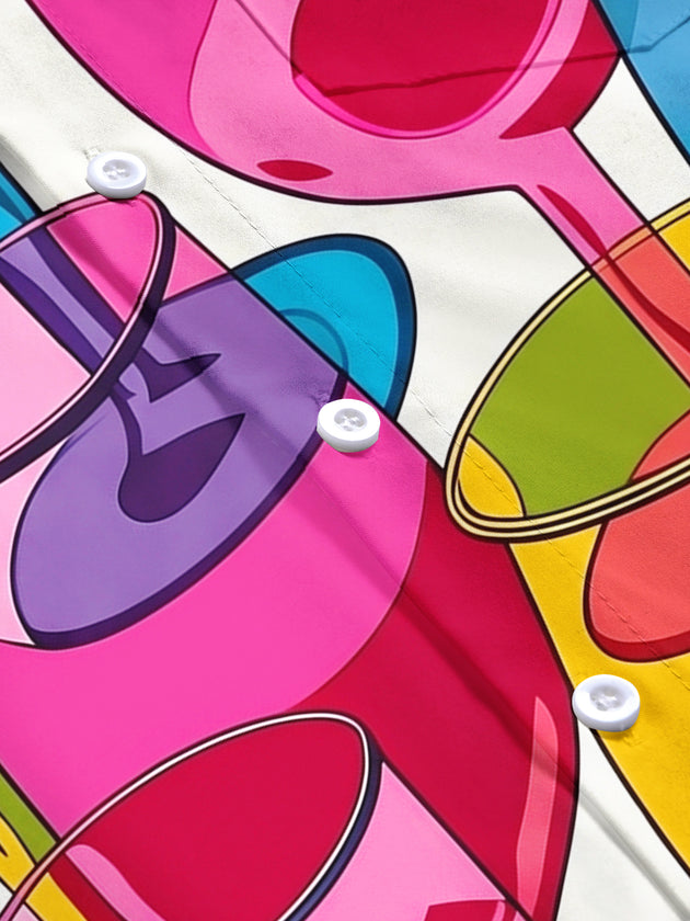 Adaychic Men's Graphic Colorful Wine Glasses Print Short Sleeve Shirt with Chest Pocket