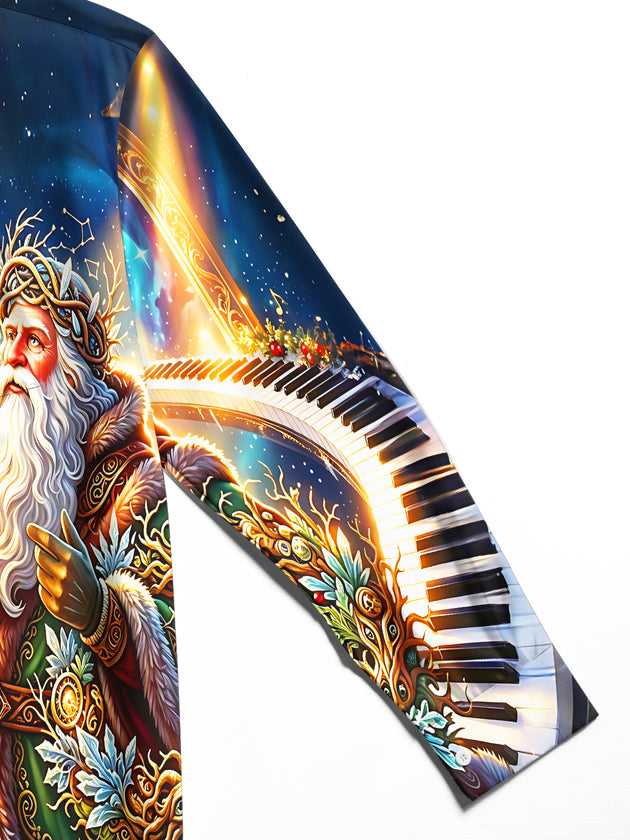 Adaychic Men's Santa Claus With Piano Keys And Lantern Print Long Sleeve Shirt with Chest Pocket