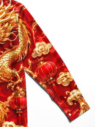 Adaychic Men's Long Sleeve Shirt - Chinese New Year Golden Dragon And Chinese Lanterns Print with Chest Pocket