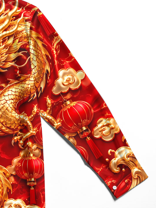 Adaychic Men's Long Sleeve Shirt - Chinese New Year Golden Dragon And Chinese Lanterns Print with Chest Pocket