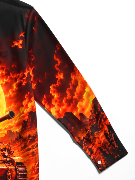 Adaychic Men's Graphic Tank And Fiery Landscape Print Long Sleeve Shirt with Chest Pocket
