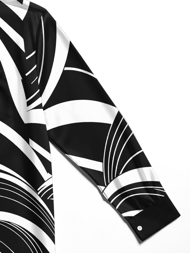 Adaychic Men's Abstract Geometric Curved Lines Print Long Sleeve Shirt with Chest Pocket