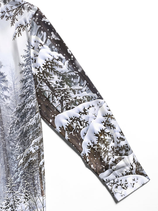 Adaychic Men's Printed Wolf In Snowy Forest Print Long Sleeve Shirt with Chest Pocket