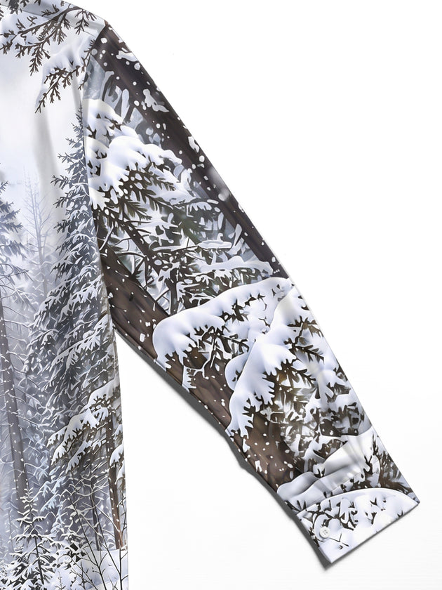 Adaychic Men's Printed Wolf In Snowy Forest Print Long Sleeve Shirt with Chest Pocket