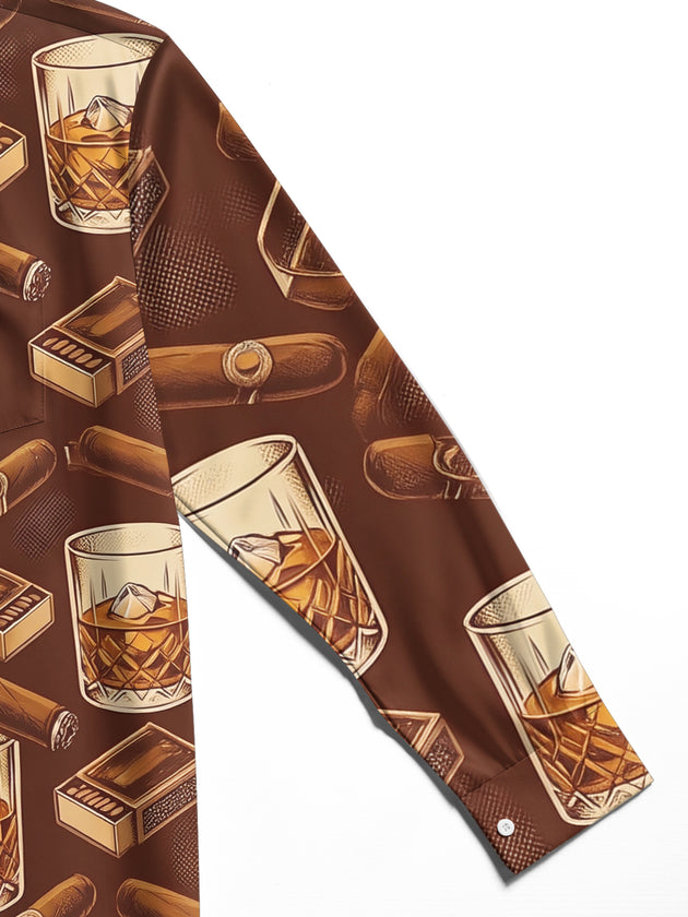 Adaychic Men's Hawaiian Whiskey Glasses With Ice Cubes Print Long Sleeve Shirt with Chest Pocket