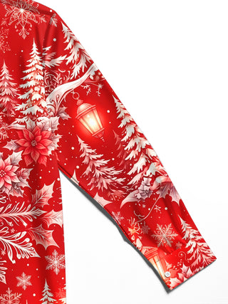 Adaychic Men's Christmas Snowflakes And Poinsettias Print Long Sleeve Shirt with Chest Pocket