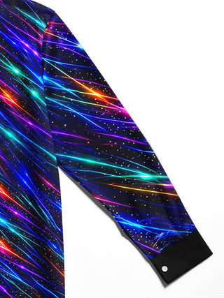 Adaychic Men's Striped Neon Geometric Lines Print Long Sleeve Shirt with Chest Pocket