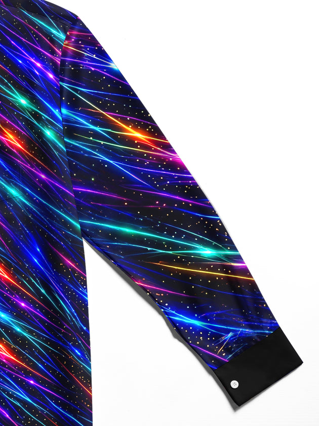 Adaychic Men's Striped Neon Geometric Lines Print Long Sleeve Shirt with Chest Pocket