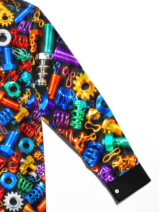 Adaychic Men's Colorful Hardware Screws And Nuts Print Long Sleeve Shirt with Chest Pocket