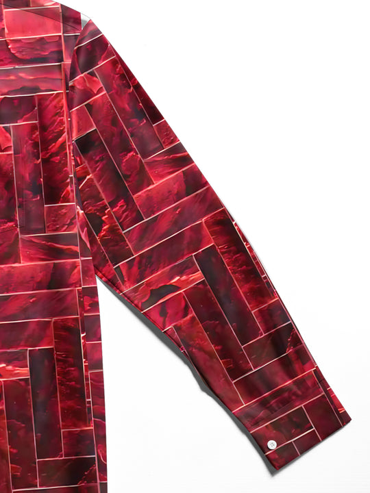 Adaychic Men's Printed Geometric Brick Pattern Long Sleeve Shirt with Chest Pocket