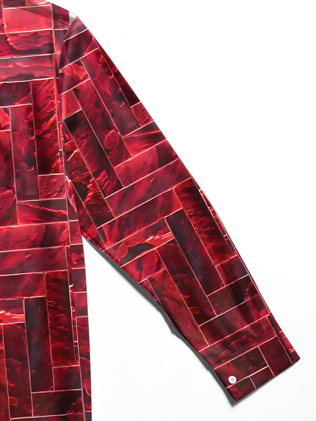 Adaychic Men's Printed Geometric Brick Pattern Long Sleeve Shirt with Chest Pocket